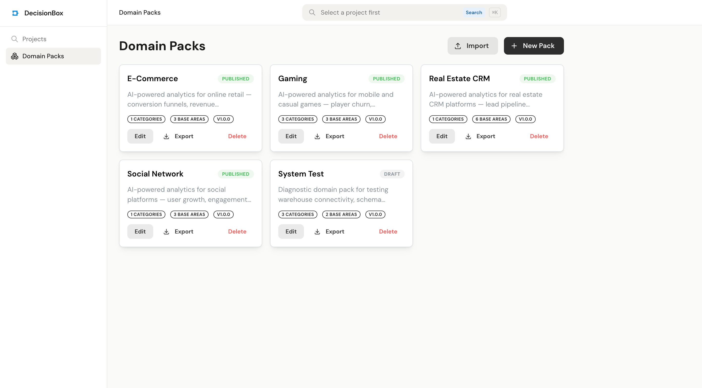 Domain Packs list page showing built-in packs with Import and New Pack buttons