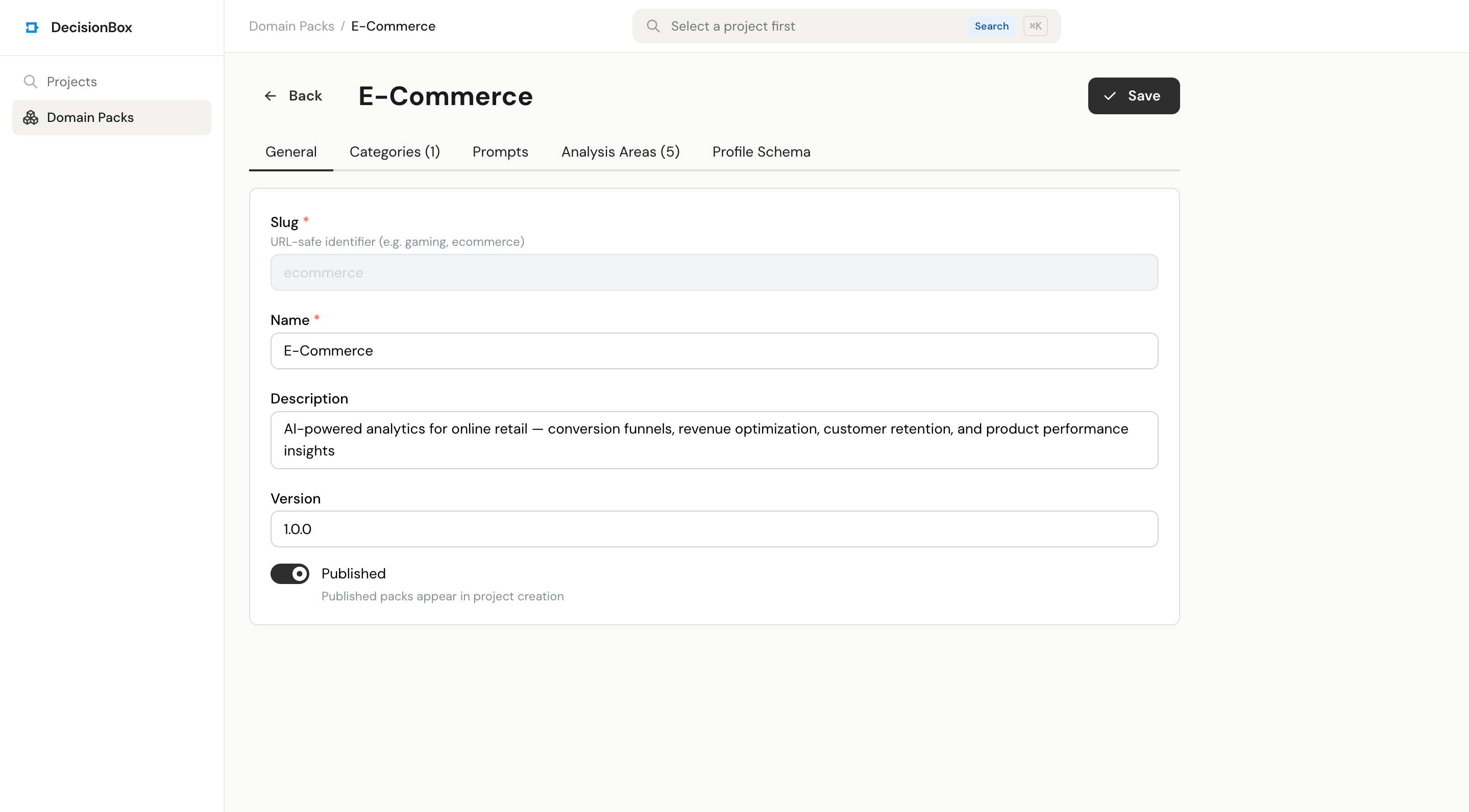 General tab showing slug, name, description, version, and published toggle