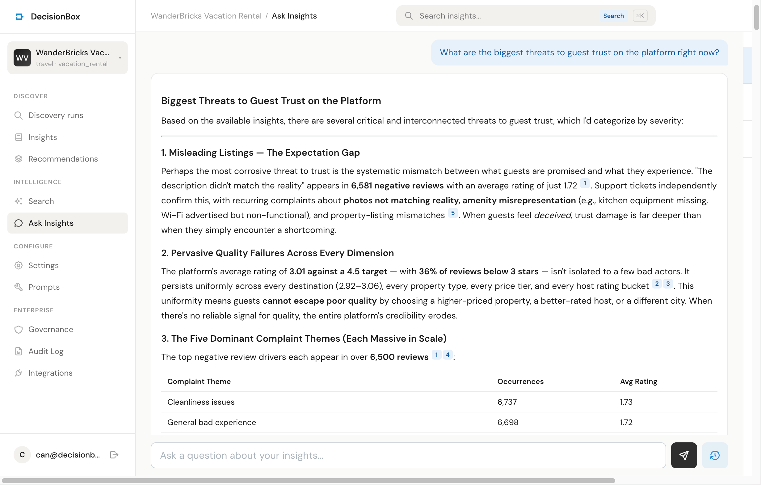 Q1 answer showing numbered citations pointing to source insights