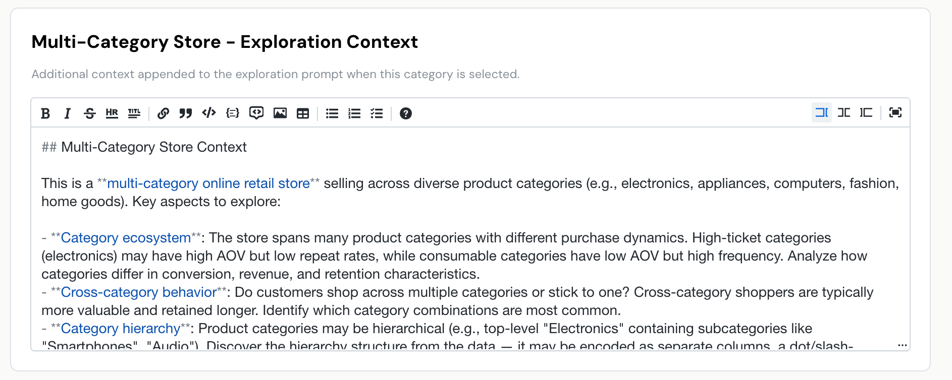 Category-specific prompt editor showing multi-category exploration context