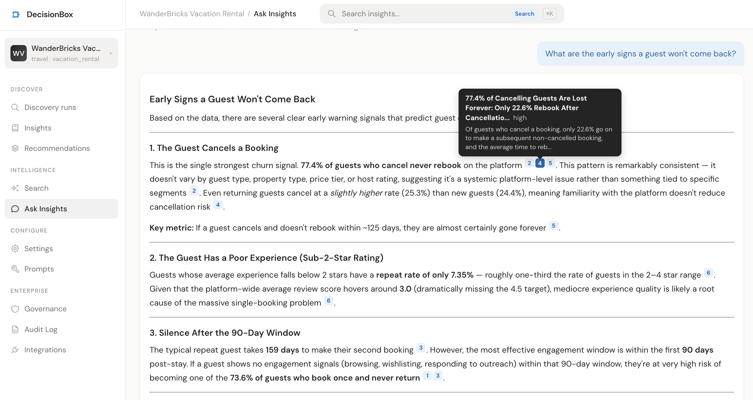 Q5 answer showing semantic matches to a question that shares no exact keywords with the insight titles