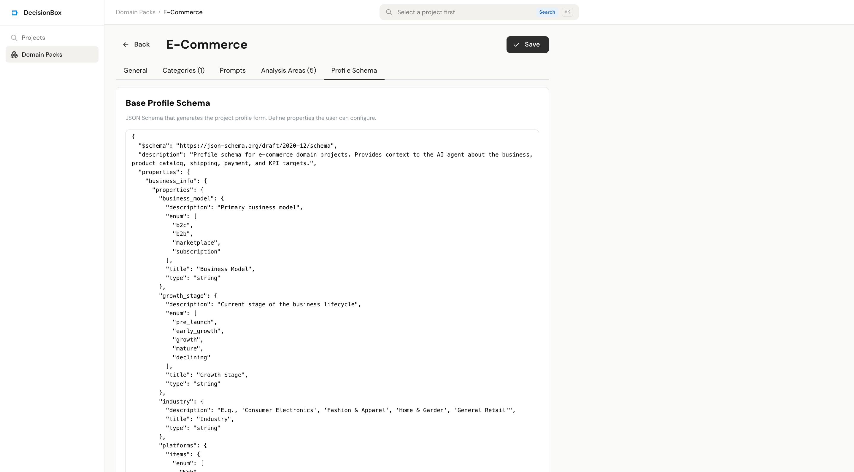 Profile Schema tab showing the JSON schema editor