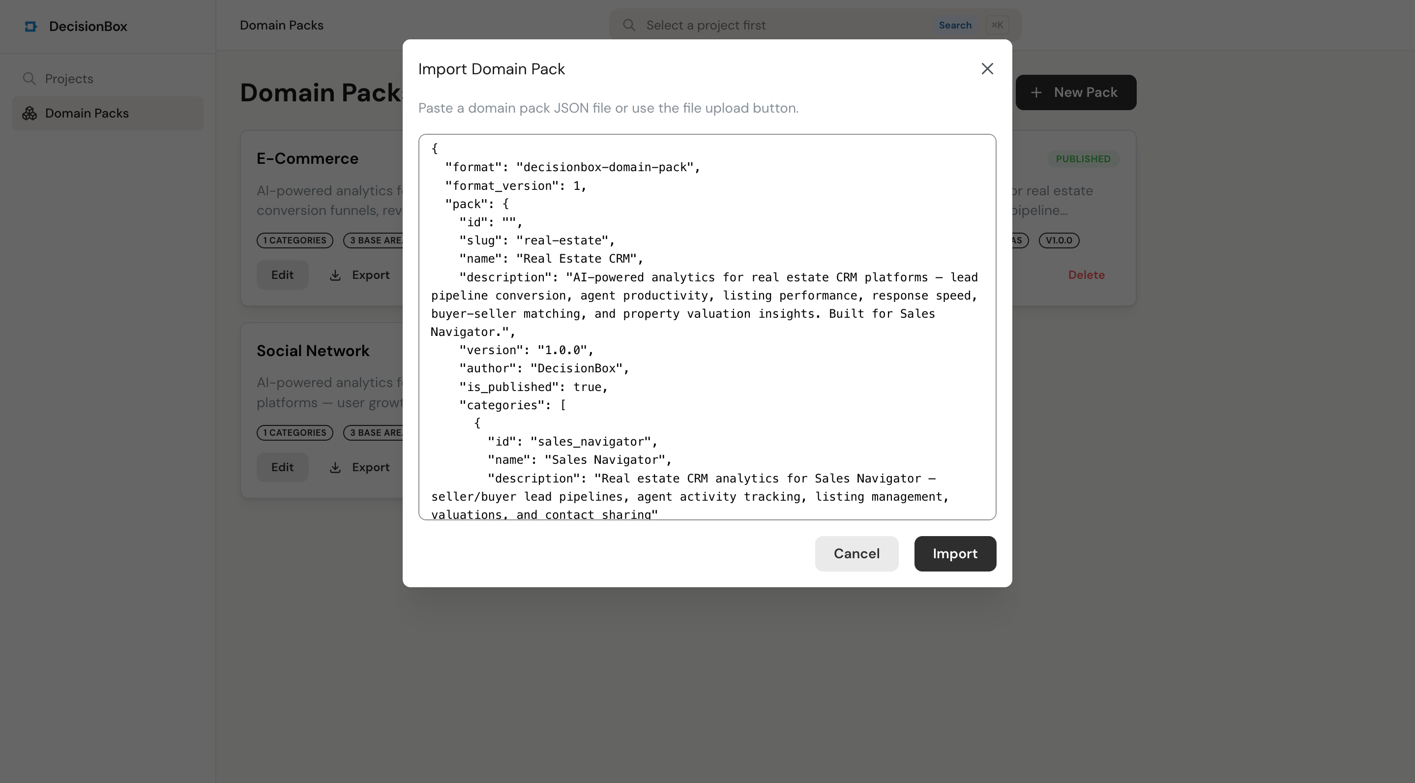 Import modal showing JSON preview and Import button