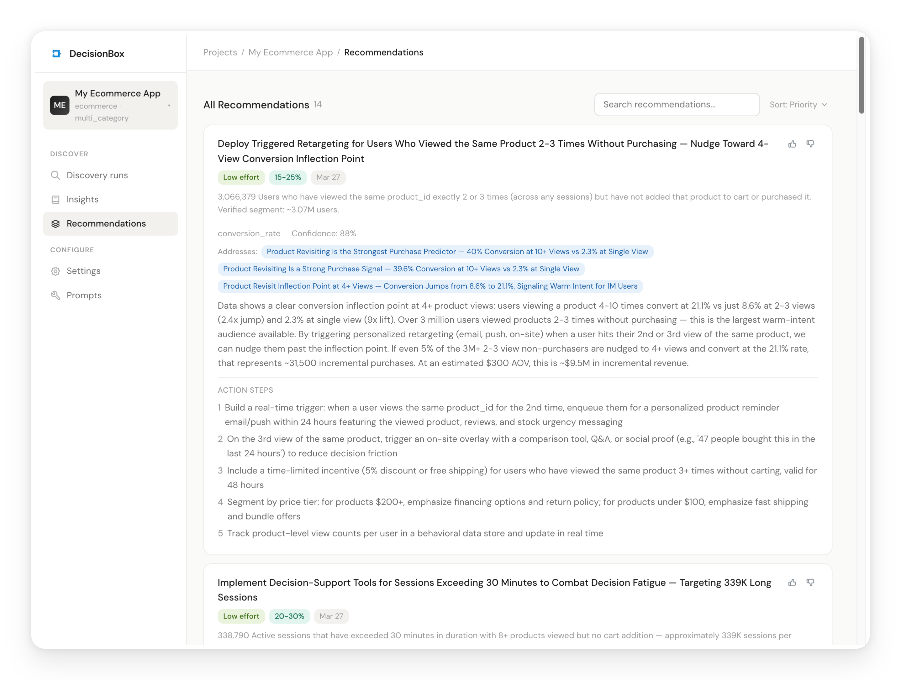 Recommendations are prioritized and actionable. Each one includes a target segment with size, expected impact, concrete implementation steps, and links back to the insights that informed it.