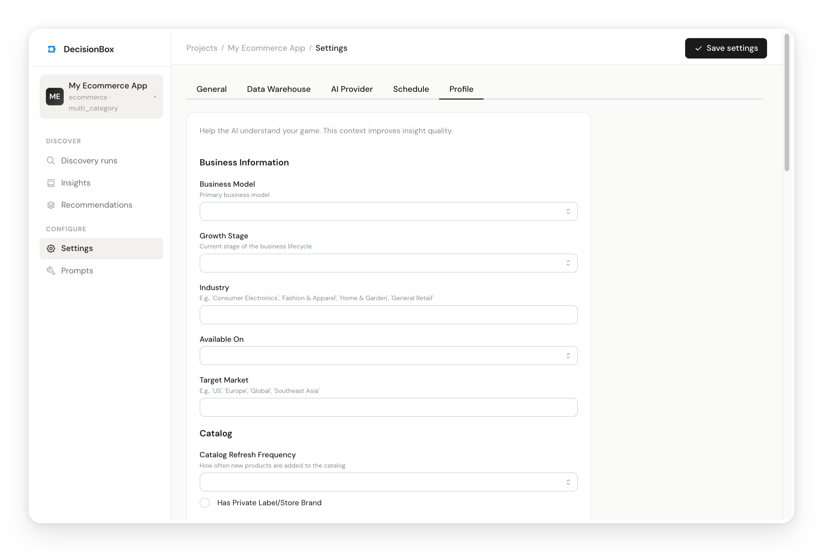 The profile form is generated from the domain pack's schema. Fill in what you know about the dataset to improve insight quality.