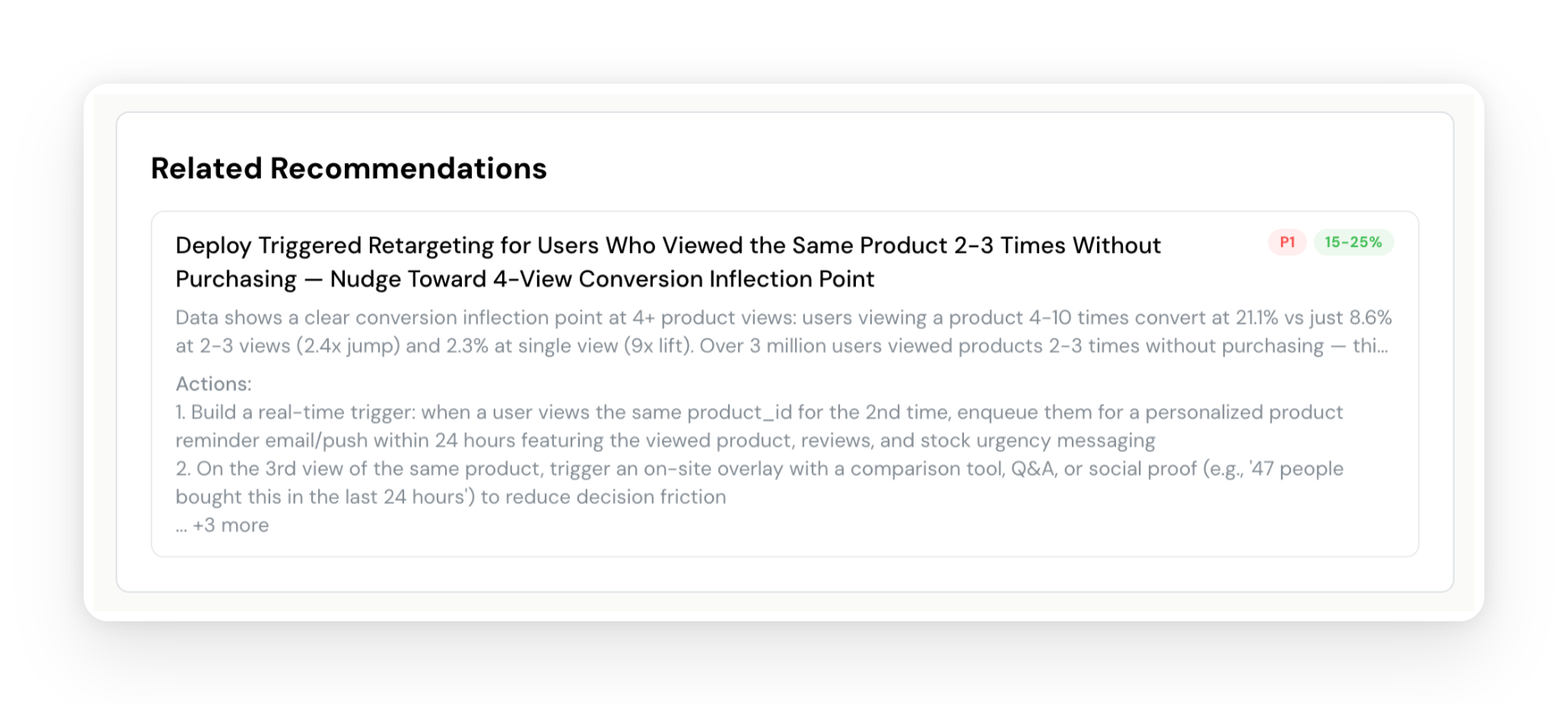 Insights link to related recommendations. This catalog quality insight directly led to a recommendation for fixing product categorization — you can see the connection right on the page.