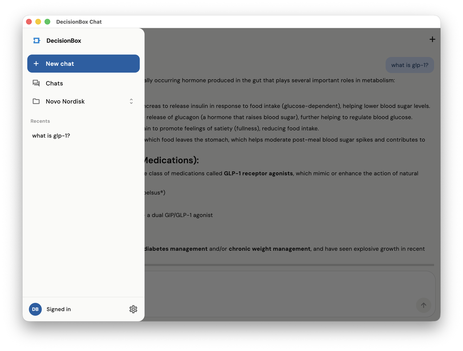 DecisionBox desktop app — chats and project navigation