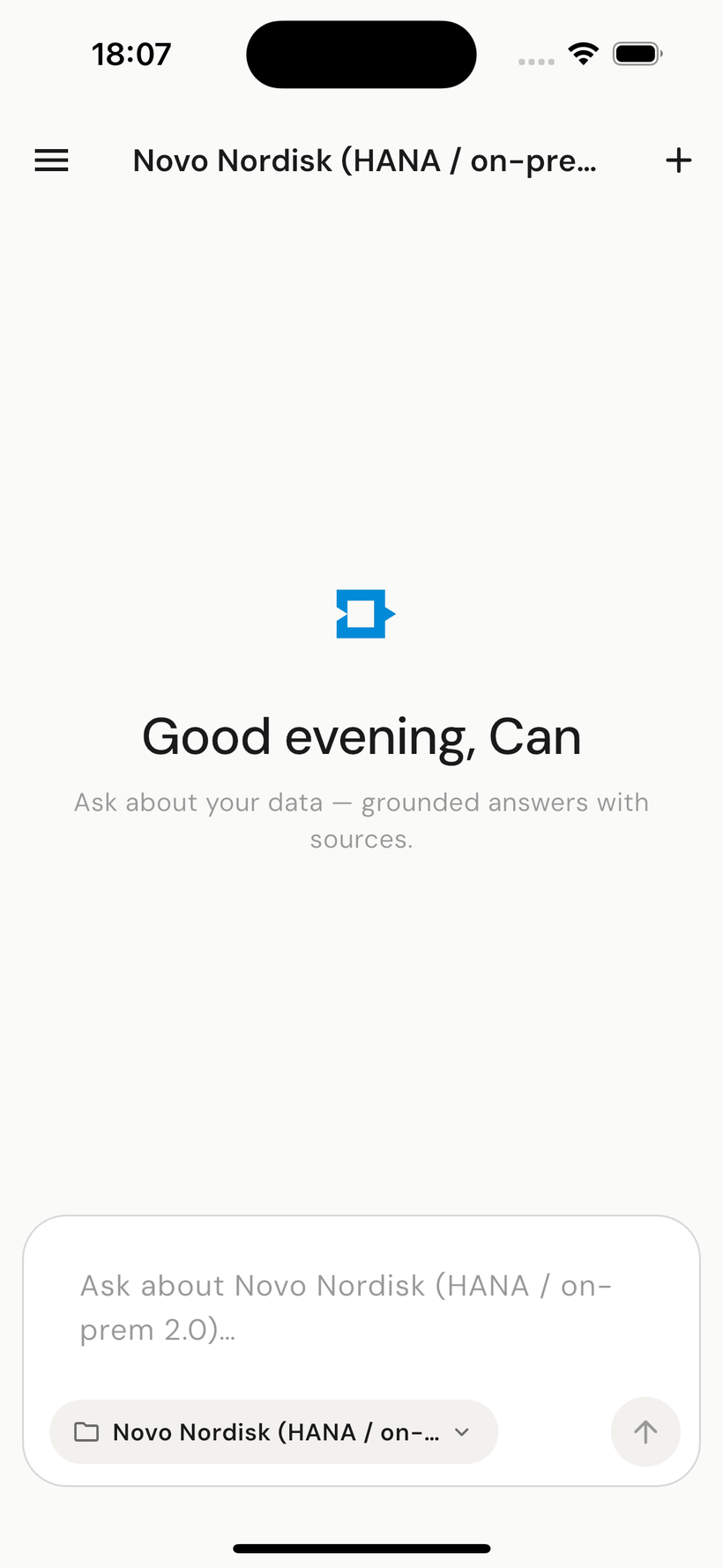 DecisionBox mobile app — home screen, ask about your data