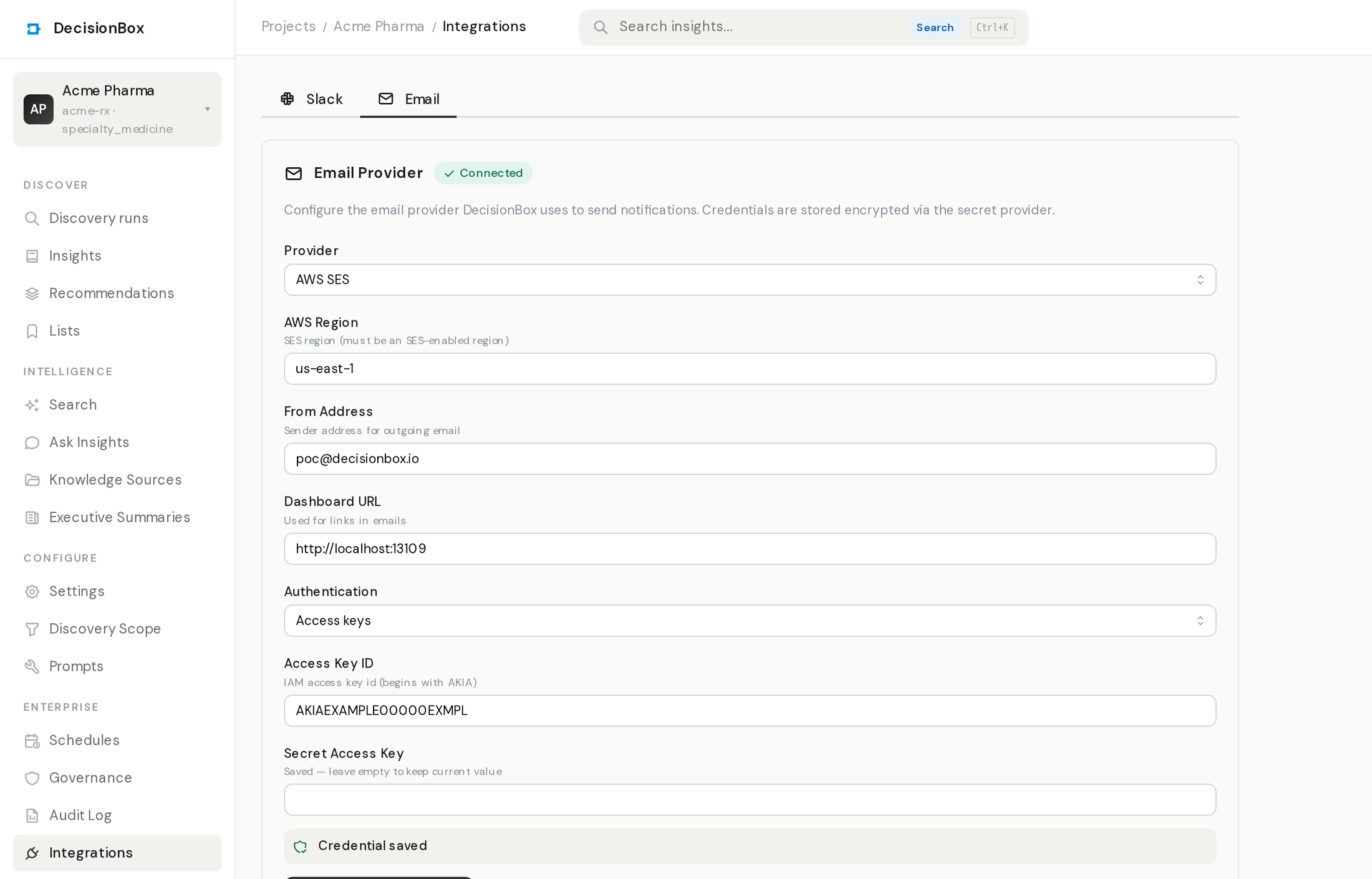 Email notifications settings — AWS SES provider connected, with per-category recipients